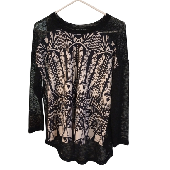 Nally & Millie Tops - Nally & Millie Artsy Dark Romantic Mixed Fabric Partial Sheer Sweater Blouse XL